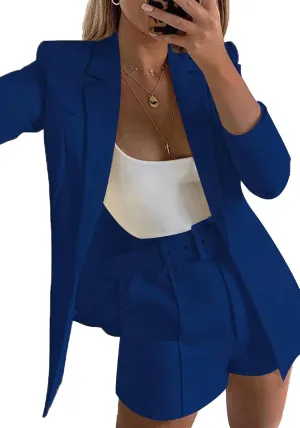 2 Piece Outfits for Women Long Sleeve Solid Open Front Blazer Shorts with Belt Casual Elegant Business Suit Sets