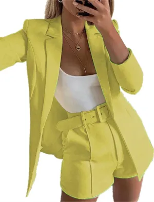 2 Piece Outfits for Women Long Sleeve Solid Open Front Blazer Shorts with Belt Casual Elegant Business Suit Sets