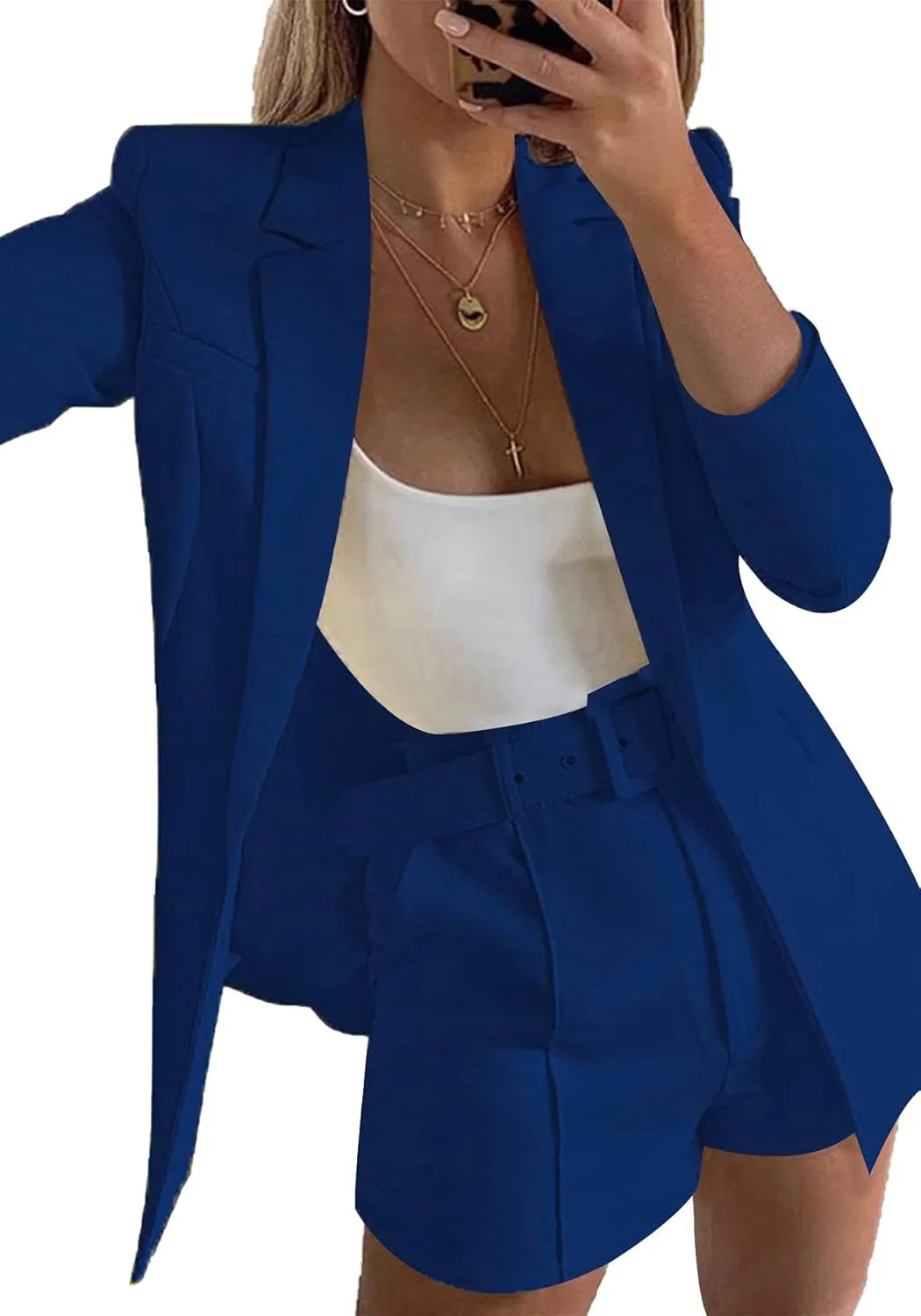 2 Piece Outfits for Women Long Sleeve Solid Open Front Blazer Shorts with Belt Casual Elegant Business Suit Sets