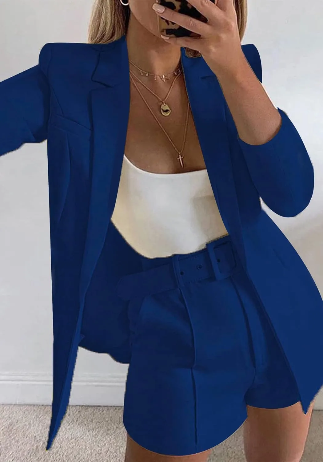 2 Piece Outfits for Women Long Sleeve Solid Open Front Blazer Shorts with Belt Casual Elegant Business Suit Sets