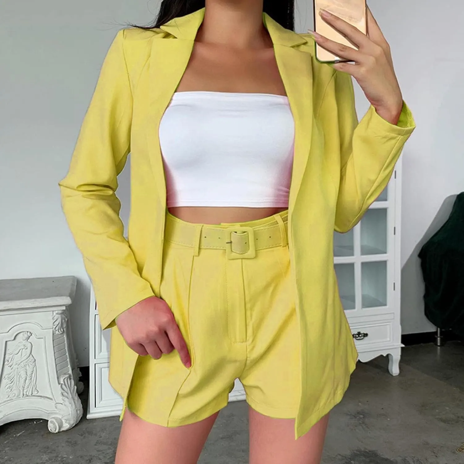 2 Piece Outfits for Women Long Sleeve Solid Open Front Blazer Shorts with Belt Casual Elegant Business Suit Sets