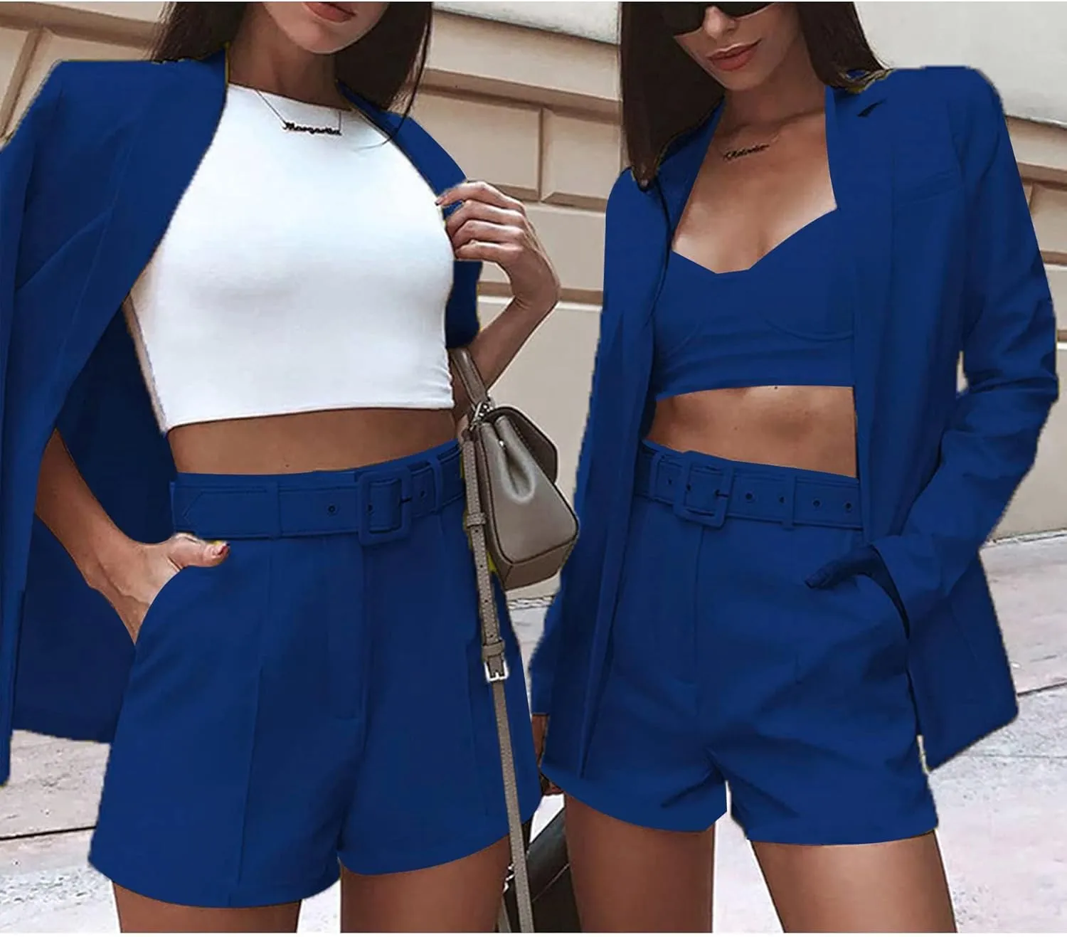 2 Piece Outfits for Women Long Sleeve Solid Open Front Blazer Shorts with Belt Casual Elegant Business Suit Sets