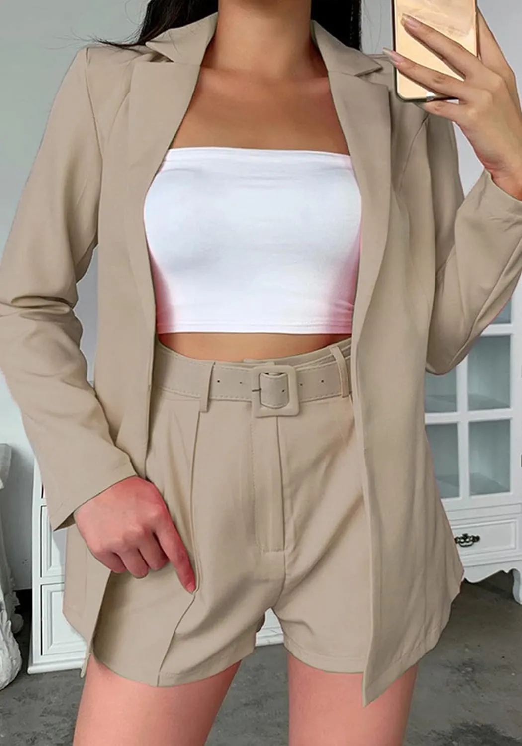 2 Piece Outfits for Women Long Sleeve Solid Open Front Blazer Shorts with Belt Casual Elegant Business Suit Sets