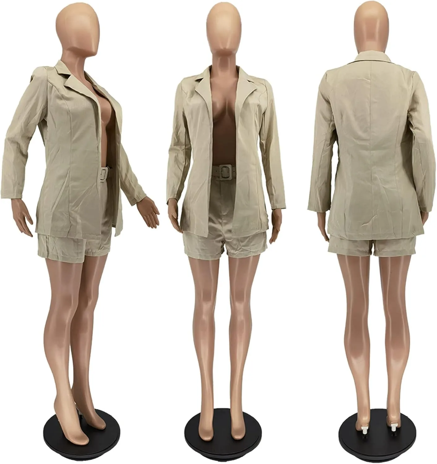 2 Piece Outfits for Women Long Sleeve Solid Open Front Blazer Shorts with Belt Casual Elegant Business Suit Sets