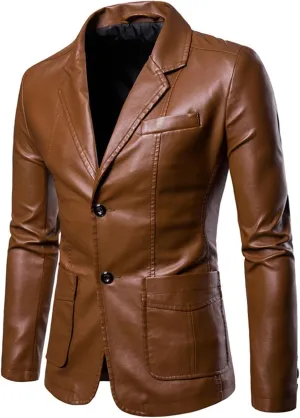 2024 Men's Regular Fit Leather Dress Suit Coats Casual Button Down Lapel Business PU Jackets Blazer with Pockets