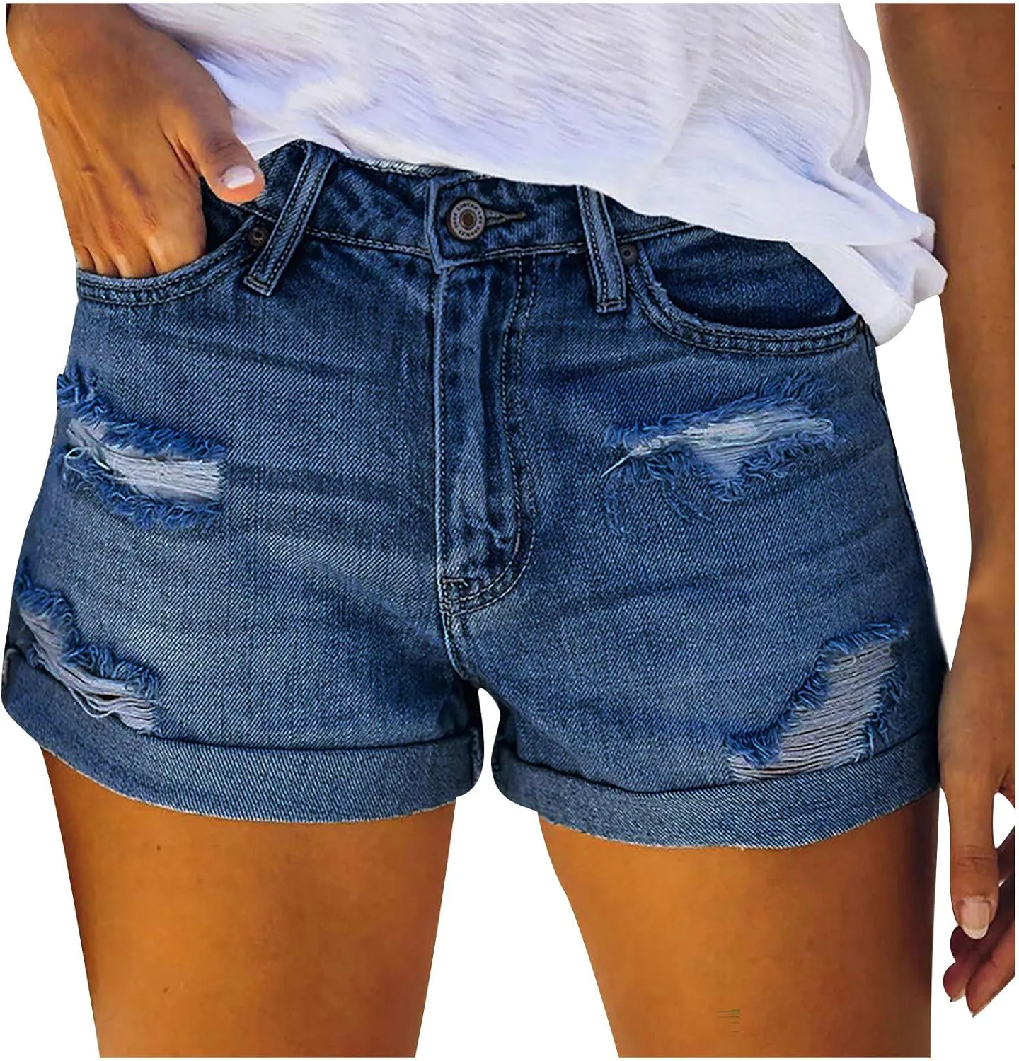 2024 Women's Jean Shorts Casual High Waisted Ripped Elastic Denim Cuffed Hem Shorts Summer Trendy Hole Short Pants Female
