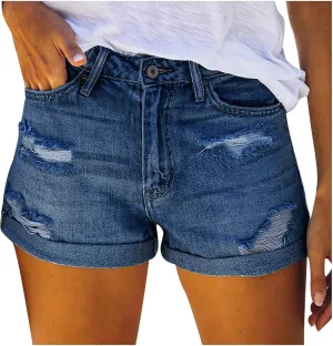 2024 Women's Jean Shorts Casual High Waisted Ripped Elastic Denim Cuffed Hem Shorts Summer Trendy Hole Short Pants Female