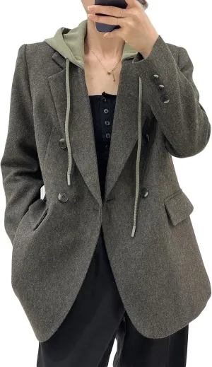 2025 Women's Spring Hooded Blazer Jacket Double-Breasted Oversize Loose Fully-Lined Work Office Suit with Pockets