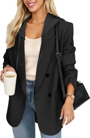 2025 Women's Spring Hooded Blazer Jacket Double-Breasted Oversize Loose Fully-Lined Work Office Suit with Pockets