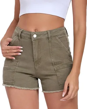 2025 Women's Stretchy Cargo Denim Shorts Mid Rise Jean Shorts Raw Hem Jorts with Pockets Short Jeans 3.5" Inseam