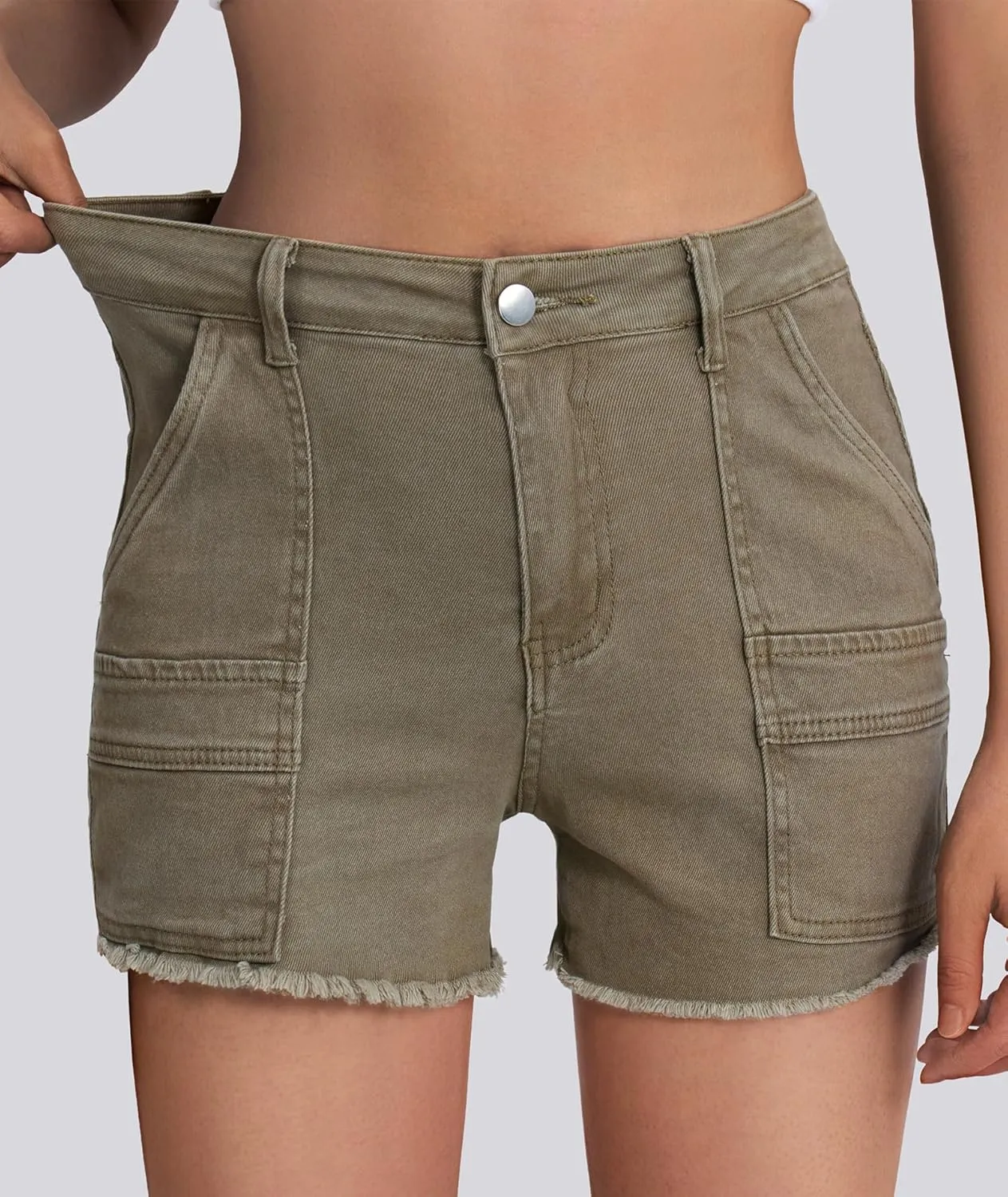 2025 Women's Stretchy Cargo Denim Shorts Mid Rise Jean Shorts Raw Hem Jorts with Pockets Short Jeans 3.5" Inseam