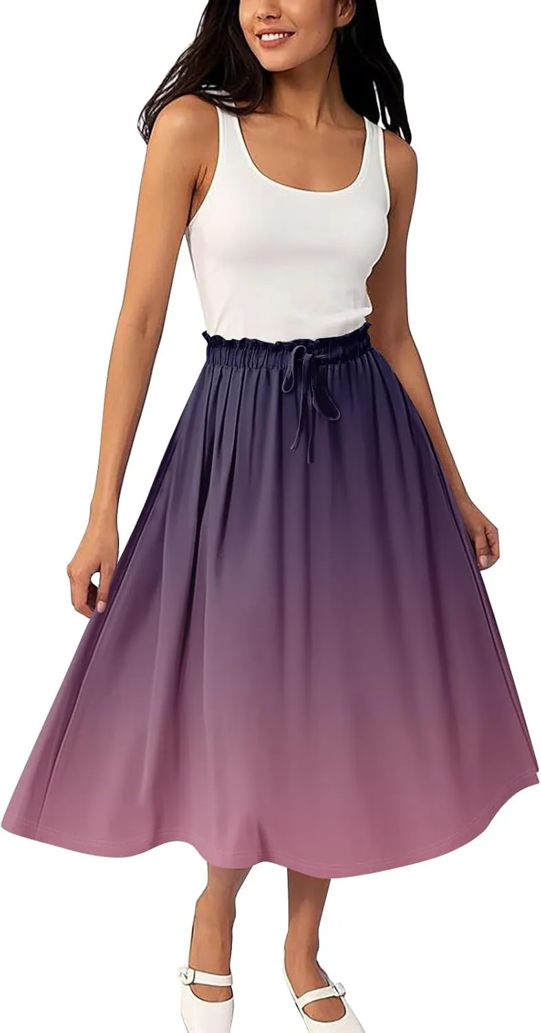 ADHOWBEW Long Skirts for Women Summer Smocked Flowy Sexy Floral Print Casual Cotton Bohemian High Waist Skirts