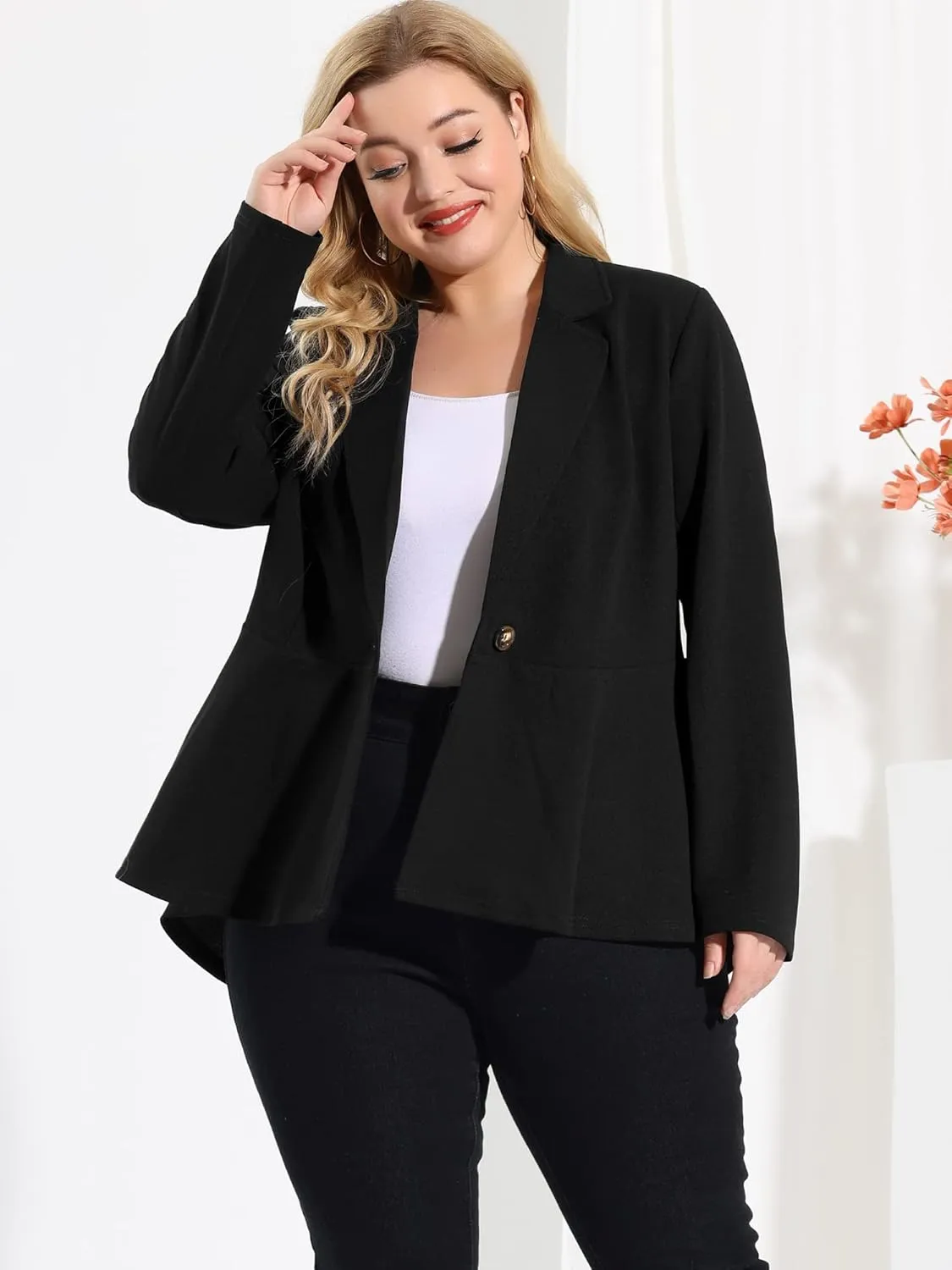Agnes Orinda Women's Plus Size Blazer Notch Panel V Neck Ruffle Button Work Office Suit Jackets Peplum Blazers