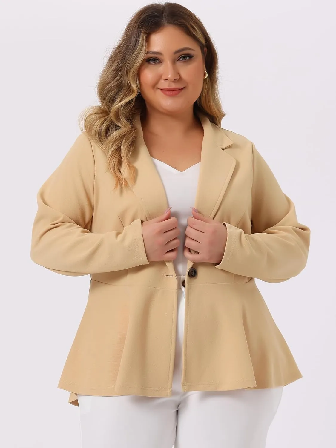 Agnes Orinda Women's Plus Size Blazer Notch Panel V Neck Ruffle Button Work Office Suit Jackets Peplum Blazers