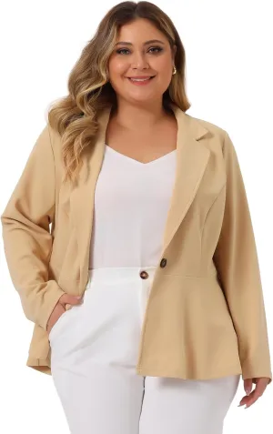 Agnes Orinda Women's Plus Size Blazer Notch Panel V Neck Ruffle Button Work Office Suit Jackets Peplum Blazers
