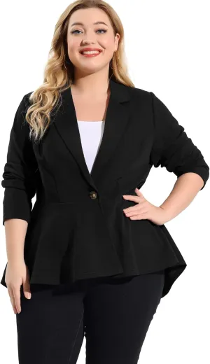 Agnes Orinda Women's Plus Size Blazer Notch Panel V Neck Ruffle Button Work Office Suit Jackets Peplum Blazers