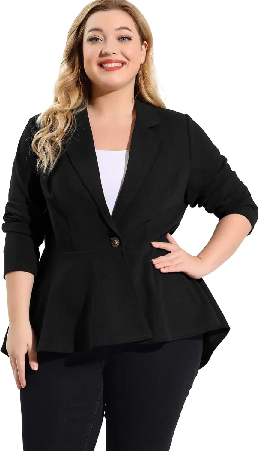 Agnes Orinda Women's Plus Size Blazer Notch Panel V Neck Ruffle Button Work Office Suit Jackets Peplum Blazers