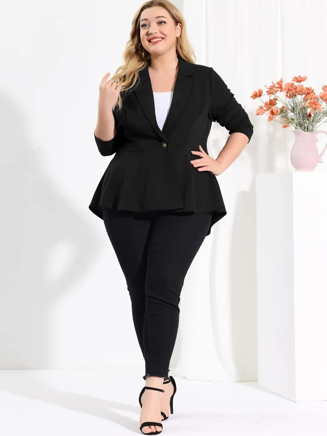 Agnes Orinda Women's Plus Size Blazer Notch Panel V Neck Ruffle Button Work Office Suit Jackets Peplum Blazers