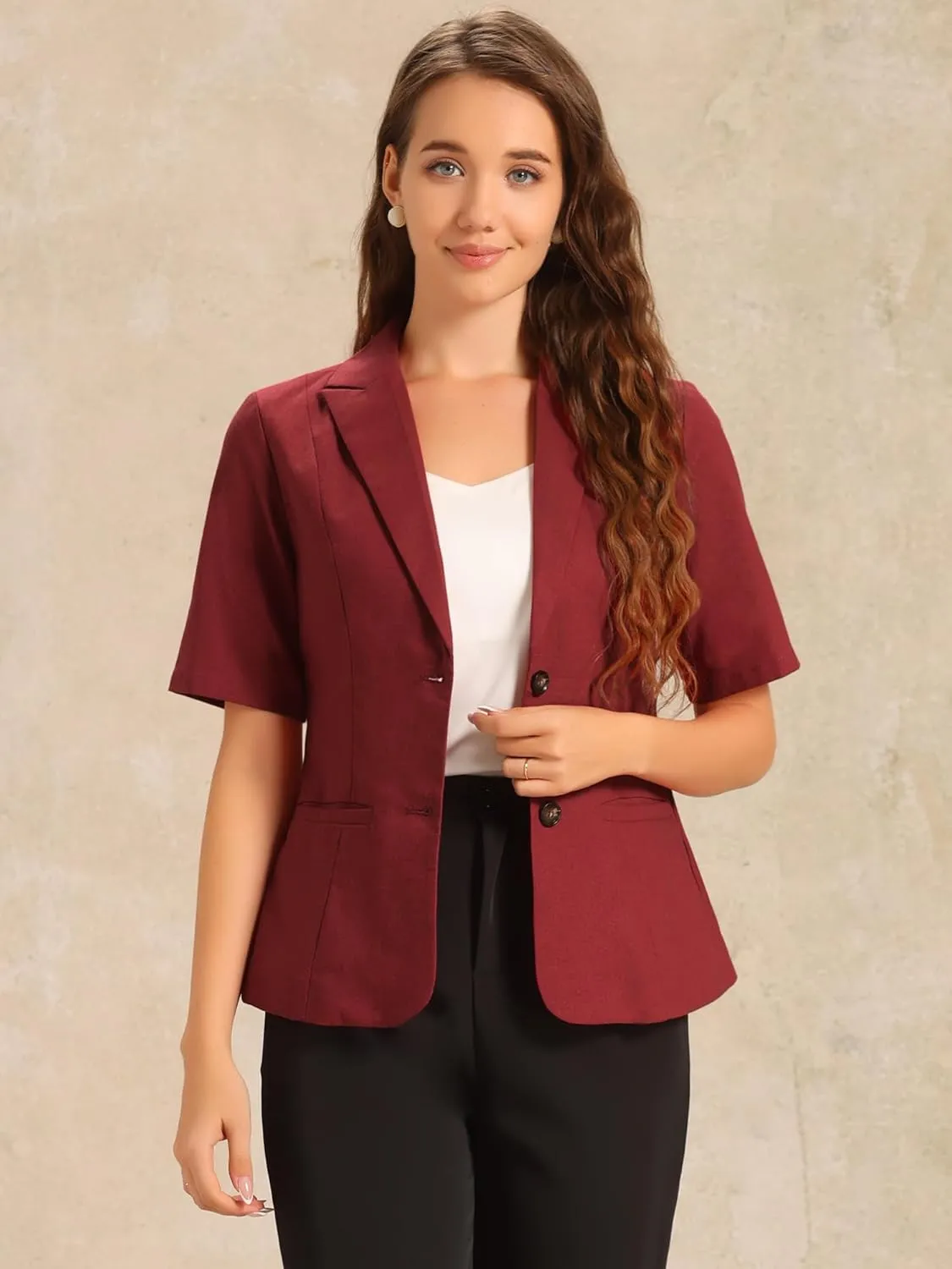 Allegra K Blazer for Women's Short Sleeve Button Front Cotton Linen Lapel Collar Work Office Casual Blazer Coat