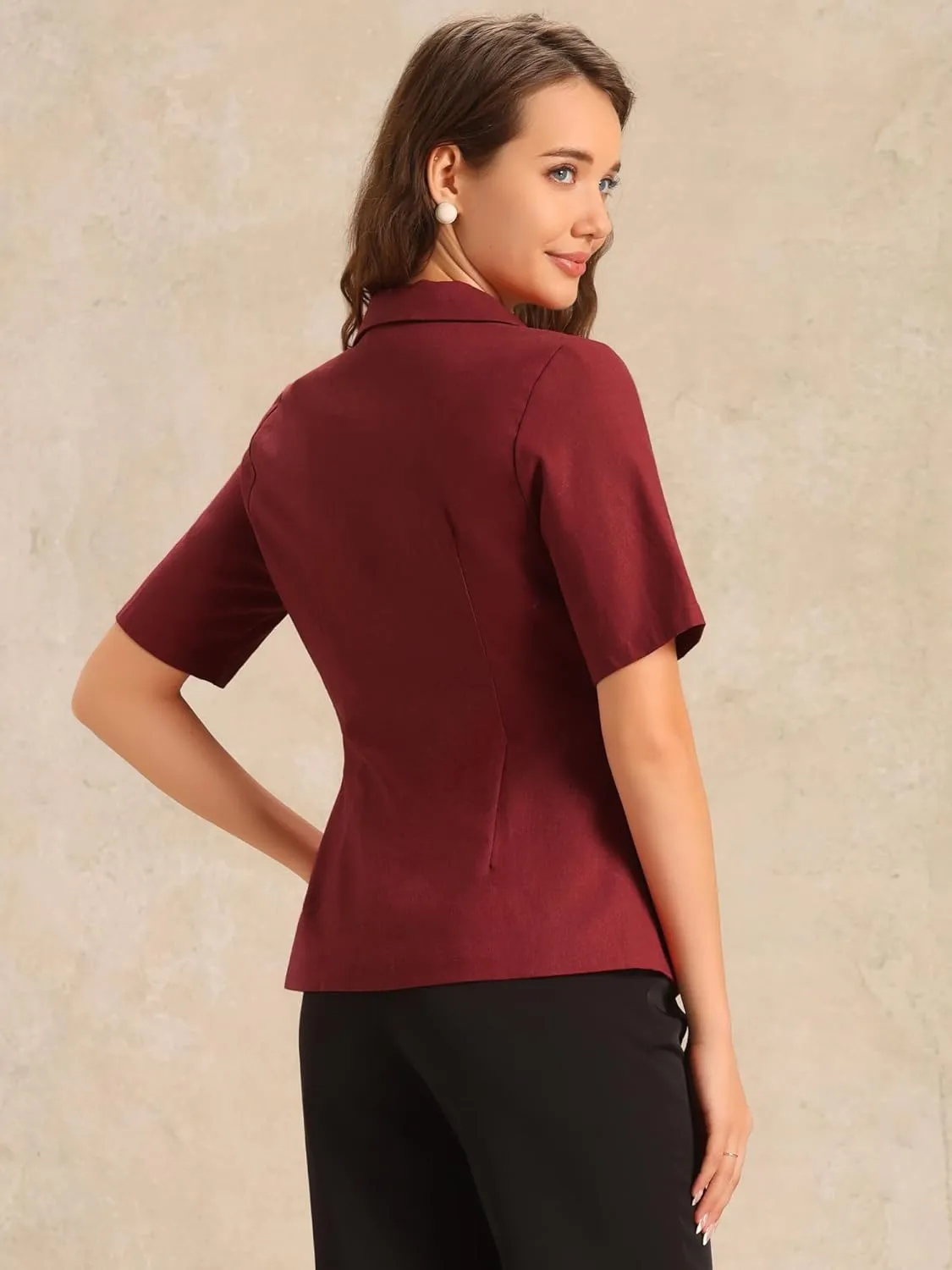 Allegra K Blazer for Women's Short Sleeve Button Front Cotton Linen Lapel Collar Work Office Casual Blazer Coat