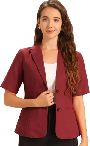 Allegra K Blazer for Women's Short Sleeve Button Front Cotton Linen Lapel Collar Work Office Casual Blazer Coat