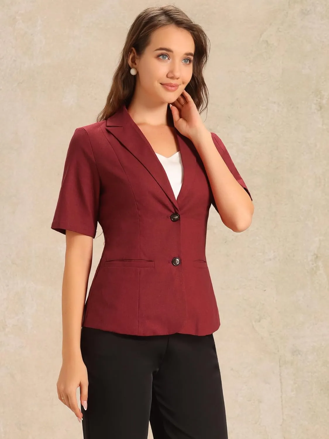 Allegra K Blazer for Women's Short Sleeve Button Front Cotton Linen Lapel Collar Work Office Casual Blazer Coat