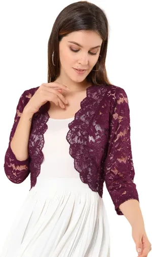 Allegra K Women's Elegant 3/4 Sleeve Sheer Floral Lace Shrug Top