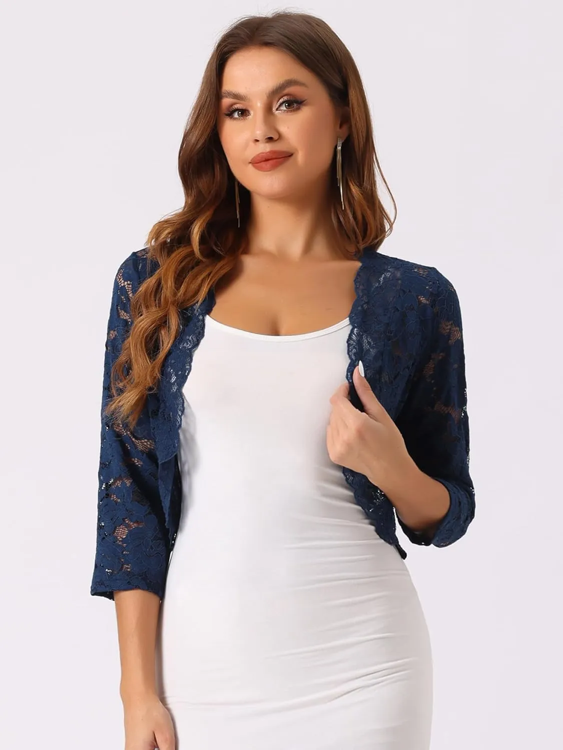 Allegra K Women's Elegant 3/4 Sleeve Sheer Floral Lace Shrug Top