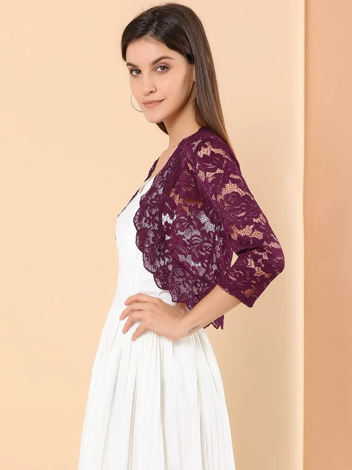 Allegra K Women's Elegant 3/4 Sleeve Sheer Floral Lace Shrug Top