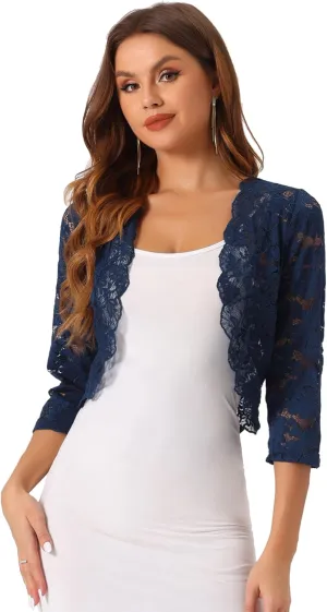 Allegra K Women's Elegant 3/4 Sleeve Sheer Floral Lace Shrug Top