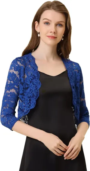 Allegra K Women's Elegant 3/4 Sleeve Sheer Floral Lace Shrug Top