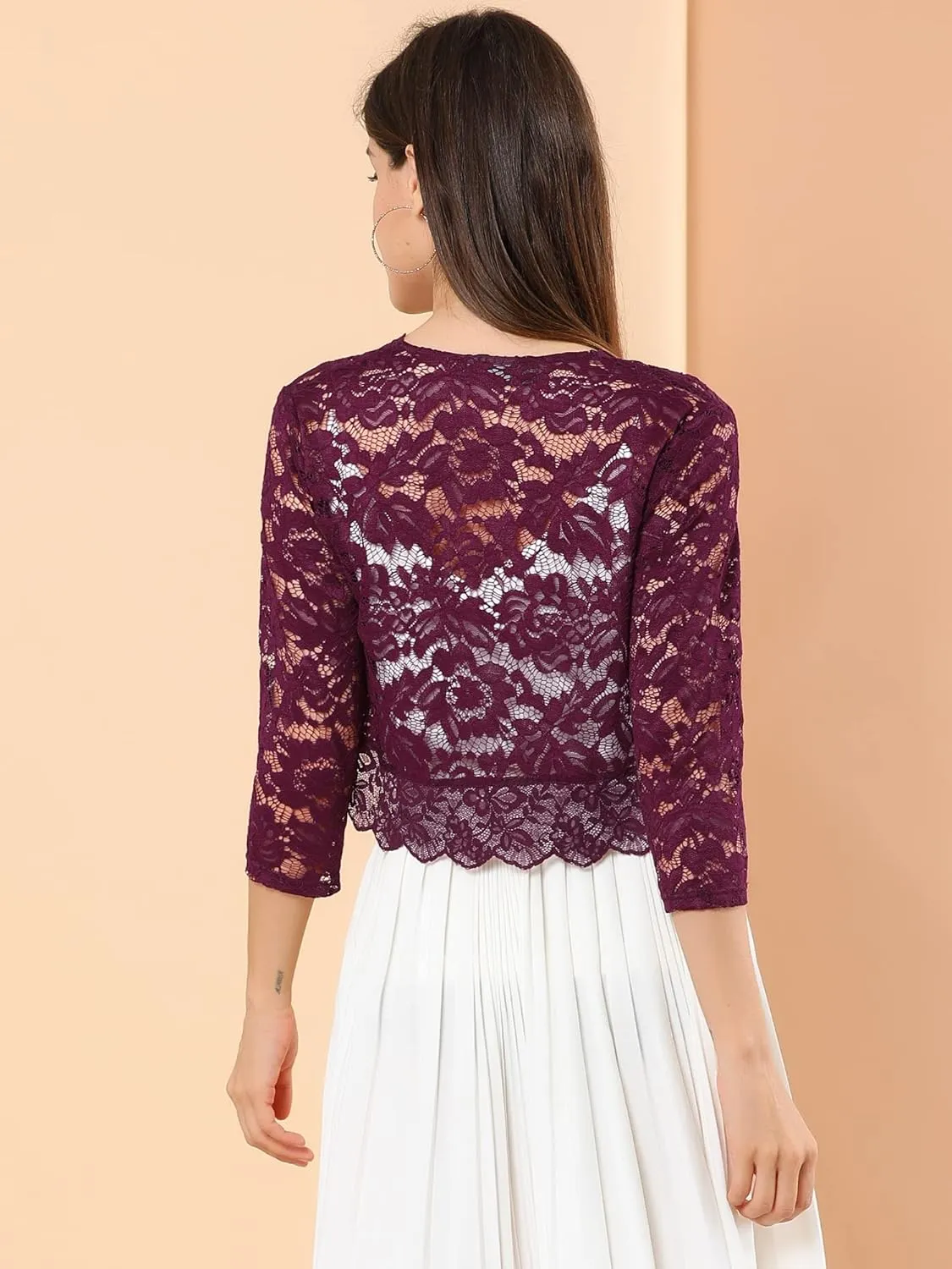 Allegra K Women's Elegant 3/4 Sleeve Sheer Floral Lace Shrug Top