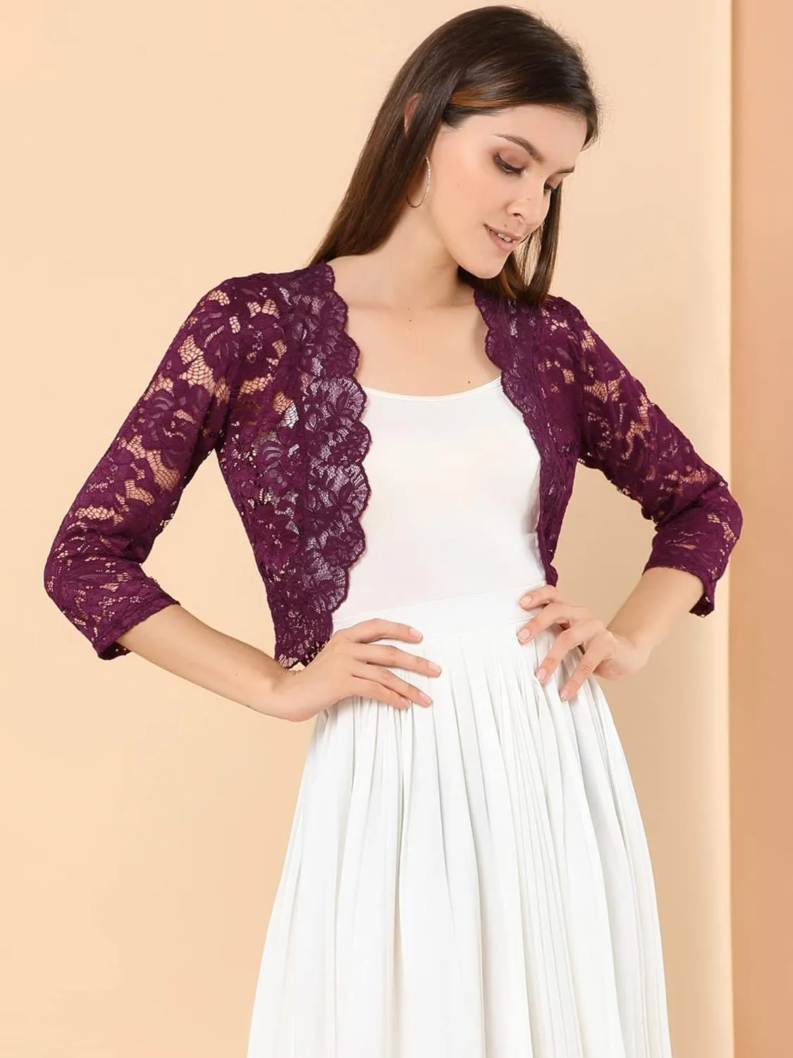 Allegra K Women's Elegant 3/4 Sleeve Sheer Floral Lace Shrug Top
