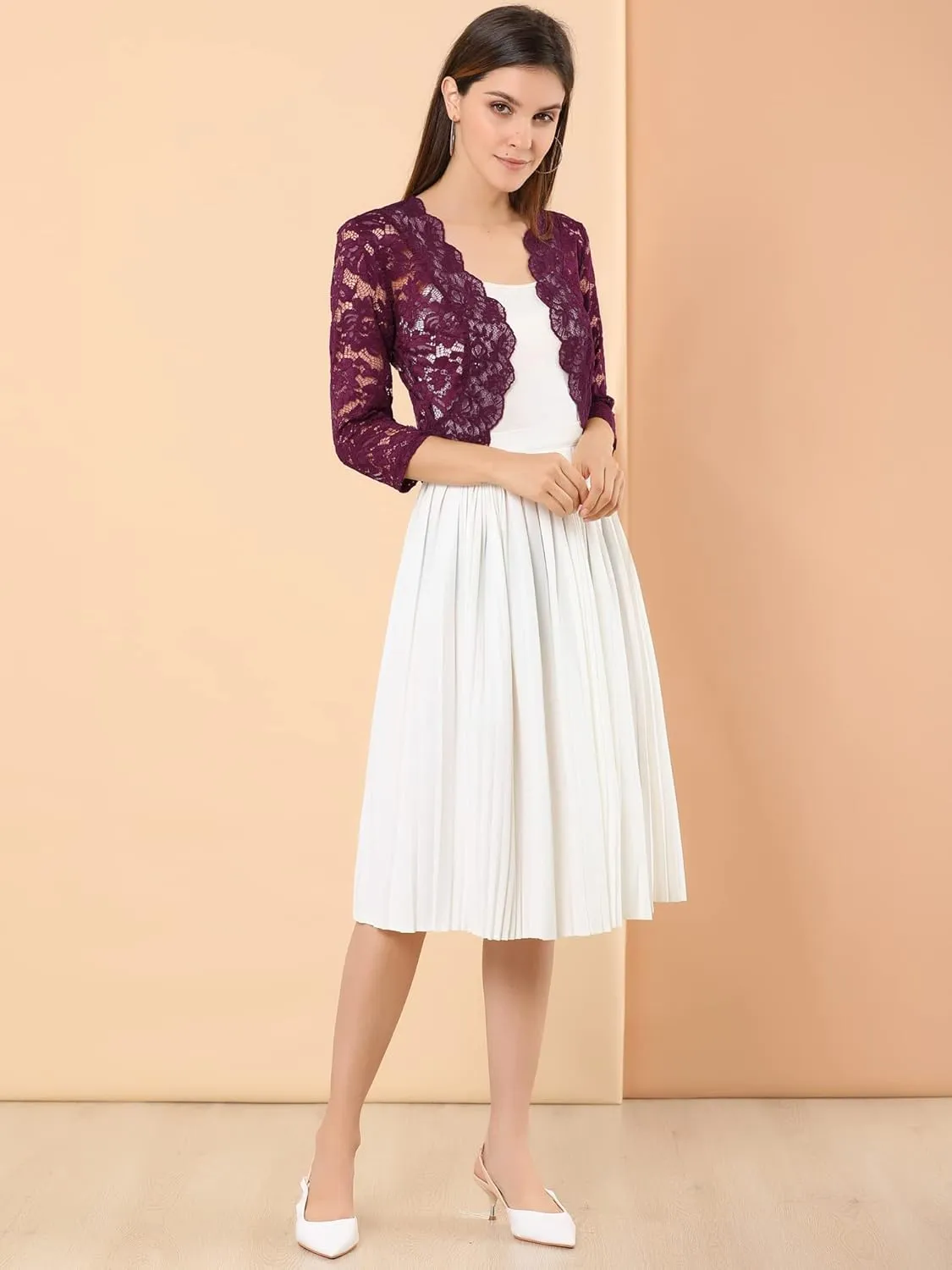 Allegra K Women's Elegant 3/4 Sleeve Sheer Floral Lace Shrug Top