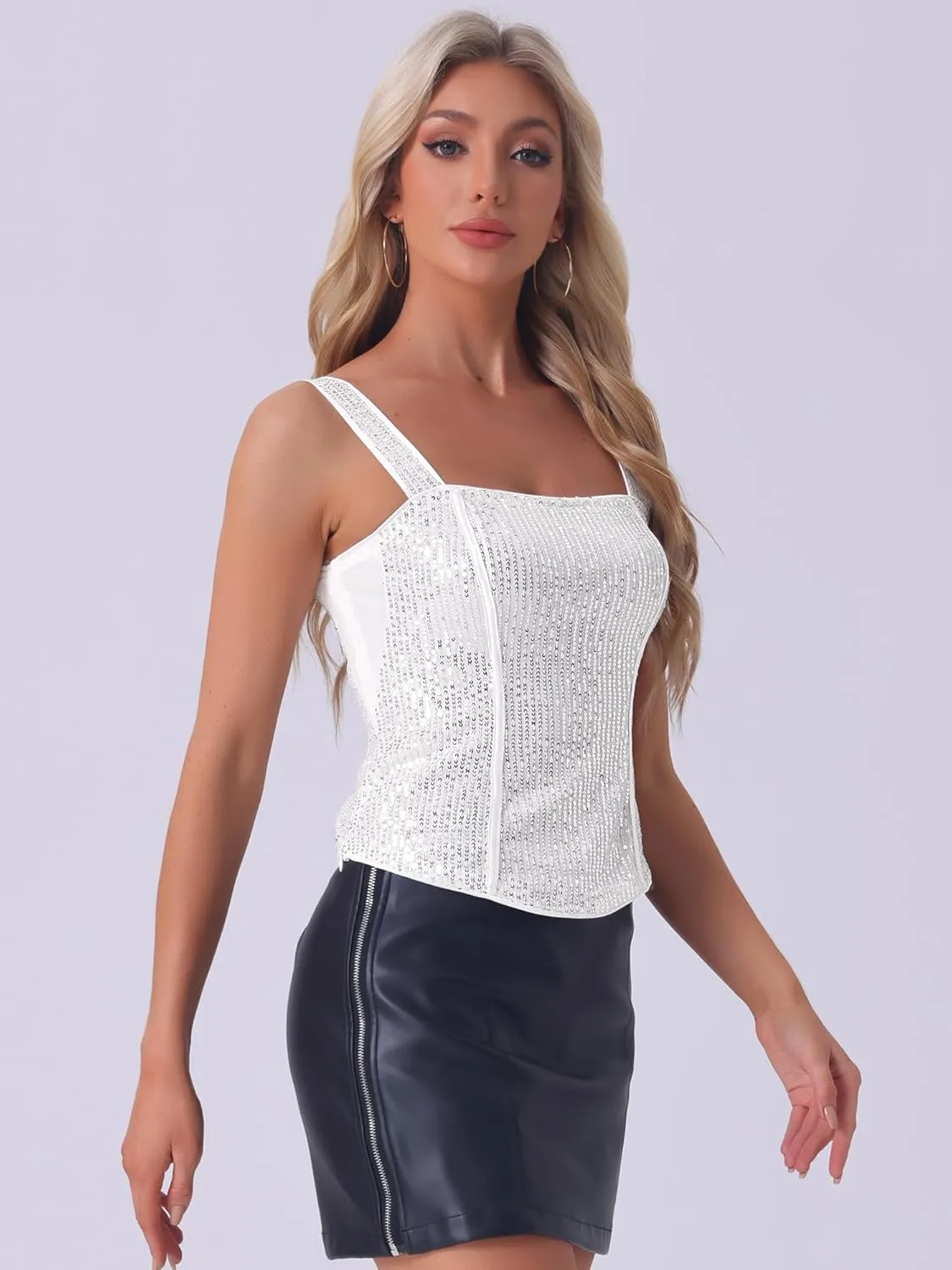 Allegra K Women's Sequin Tank Tops Sparkly Glitter Sleeveless Camisole Corset Top