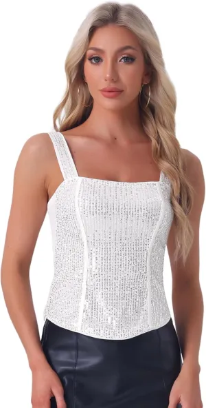 Allegra K Women's Sequin Tank Tops Sparkly Glitter Sleeveless Camisole Corset Top