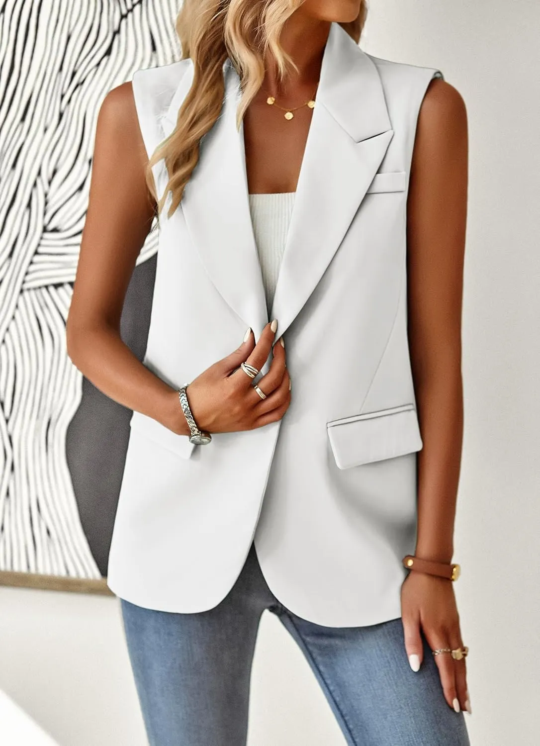 ALSOGO Women Sleeveless Blazer Vest Casual Open Front V Neck Fully-Lined Work Office Summer Jacket with Pockets Fashion 2025