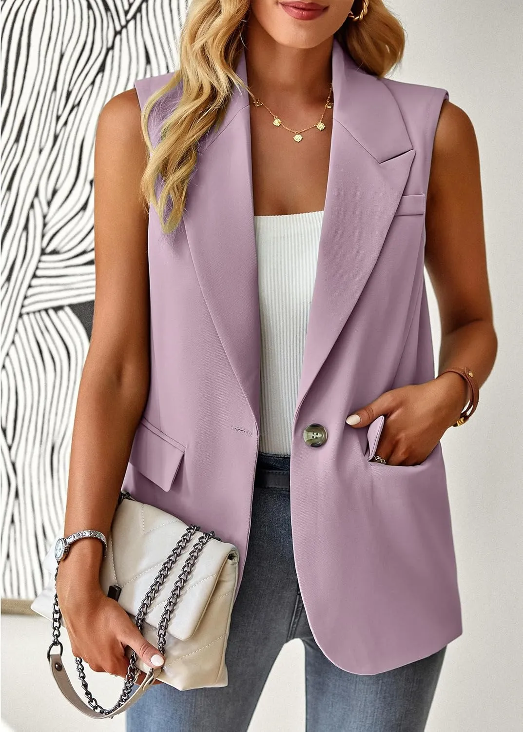 ALSOGO Women Sleeveless Blazer Vest Casual Open Front V Neck Fully-Lined Work Office Summer Jacket with Pockets Fashion 2025