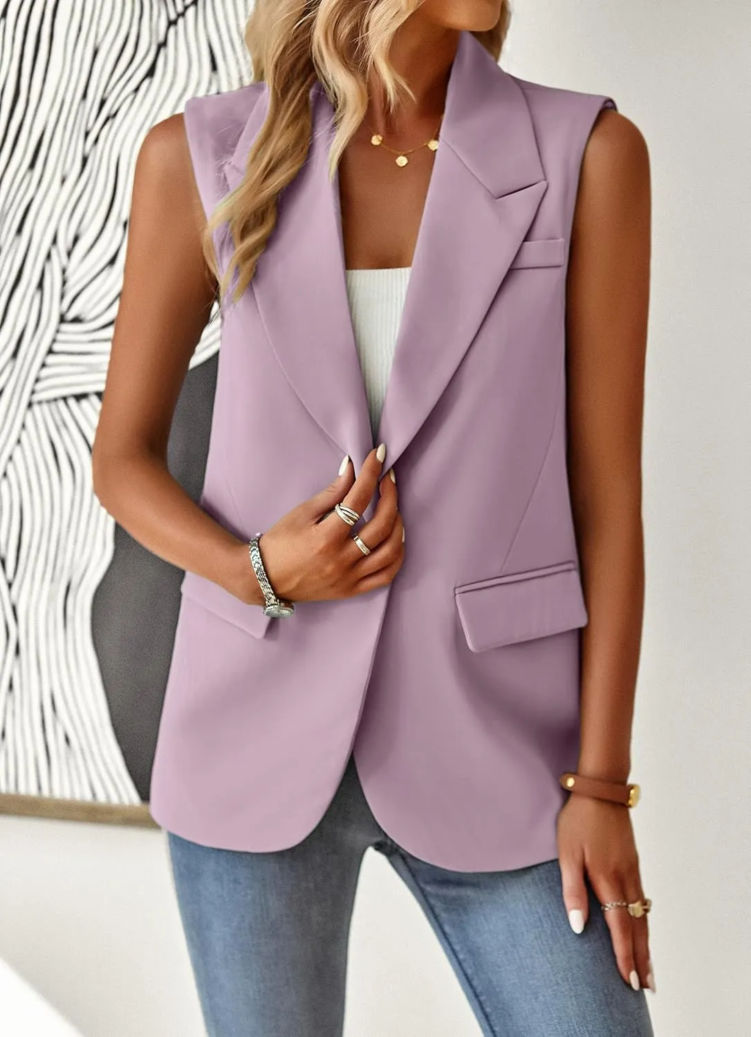 ALSOGO Women Sleeveless Blazer Vest Casual Open Front V Neck Fully-Lined Work Office Summer Jacket with Pockets Fashion 2025