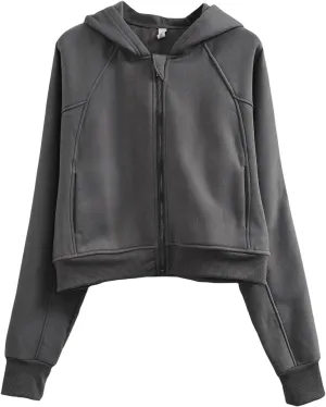 Amazhiyu Women' s Fleece Oversized Full-Zip Cropped Hoodie Winter Crop Top