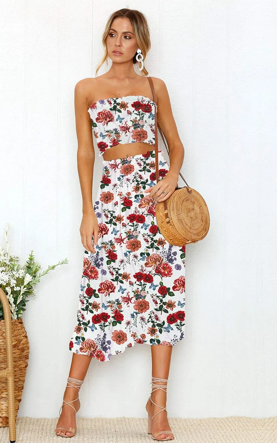 Angashion Women's Floral Crop Top Maxi Skirts Set 2 Piece Outfit Dress