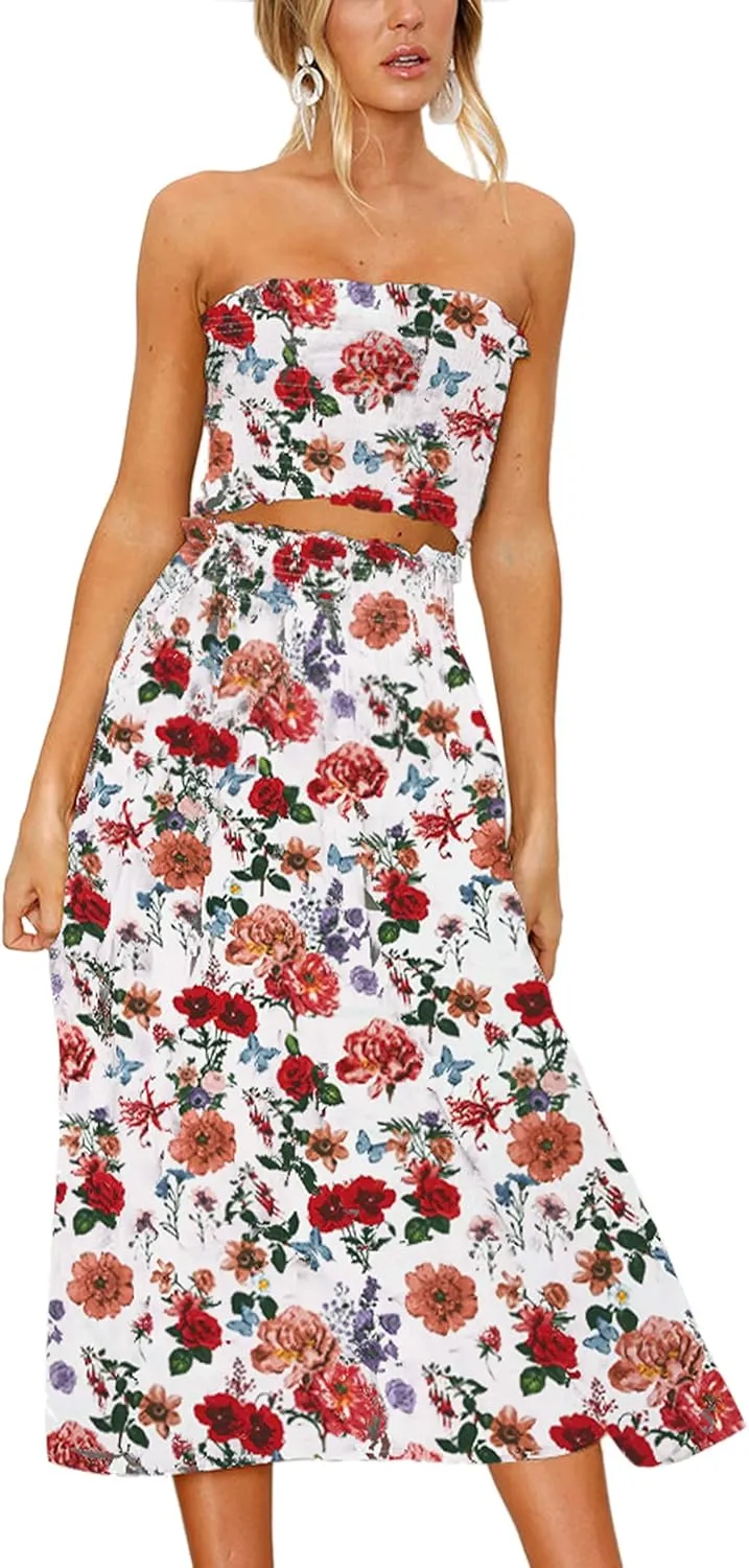 Angashion Women's Floral Crop Top Maxi Skirts Set 2 Piece Outfit Dress
