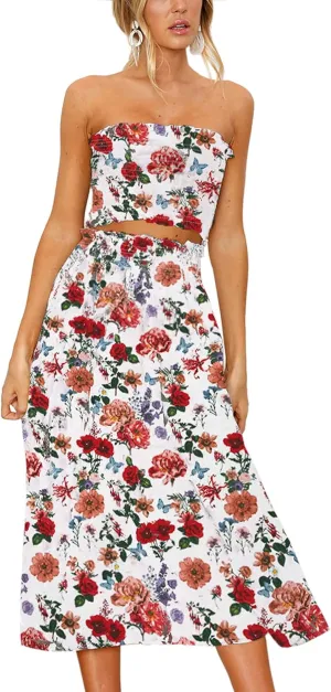 Angashion Women's Floral Crop Top Maxi Skirts Set 2 Piece Outfit Dress