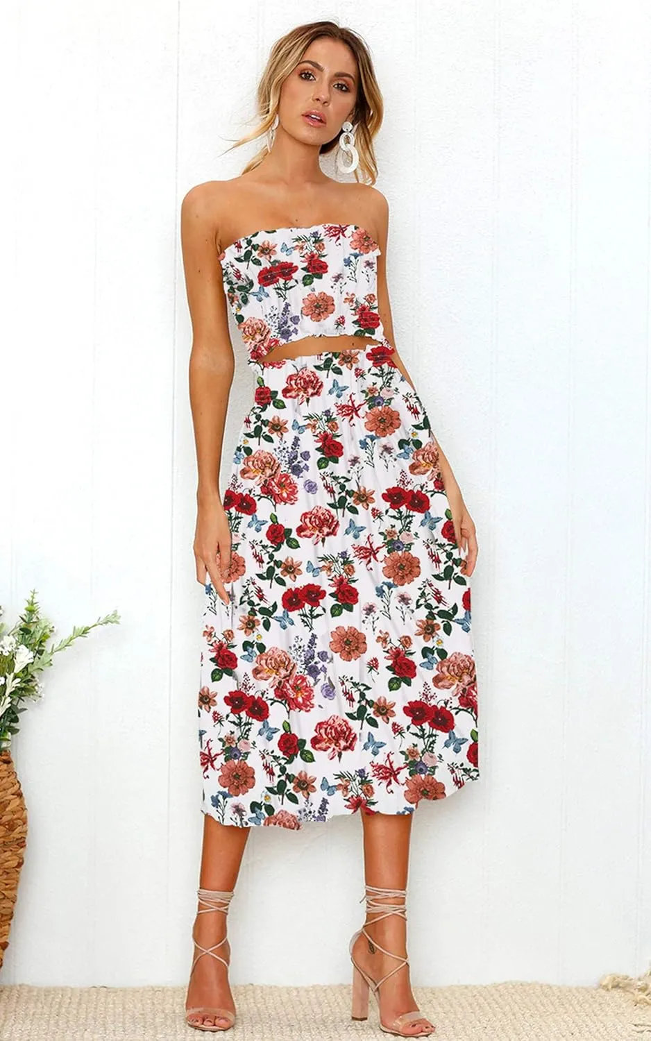 Angashion Women's Floral Crop Top Maxi Skirts Set 2 Piece Outfit Dress