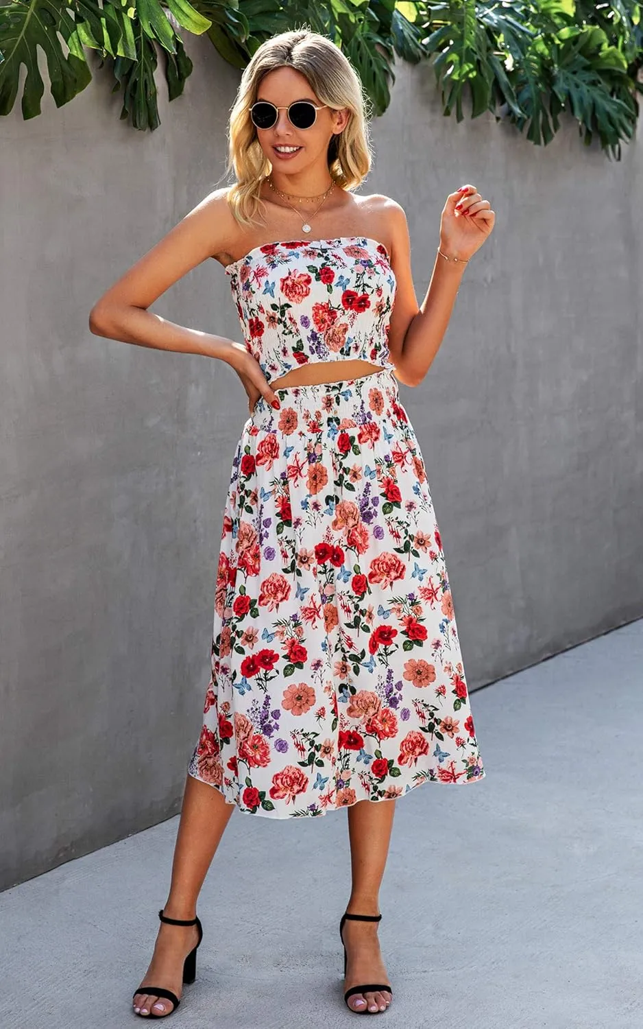 Angashion Women's Floral Crop Top Maxi Skirts Set 2 Piece Outfit Dress
