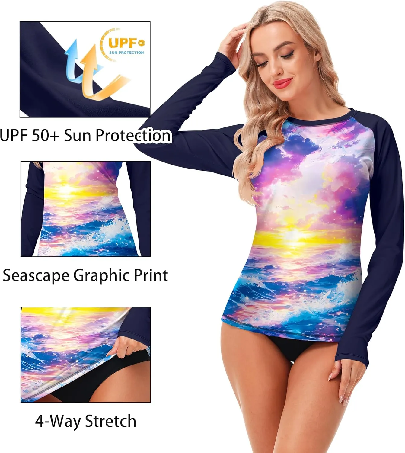AOBUTE Women Rash Guard UPF 50  Long Sleeve Swim Top Surf Shirts