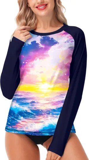 AOBUTE Women Rash Guard UPF 50  Long Sleeve Swim Top Surf Shirts