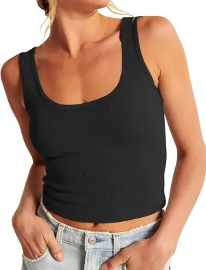 Artfish Women's Scoop Neck Sleeveless Knit Ribbed Fitted Casual Crop Tank Top