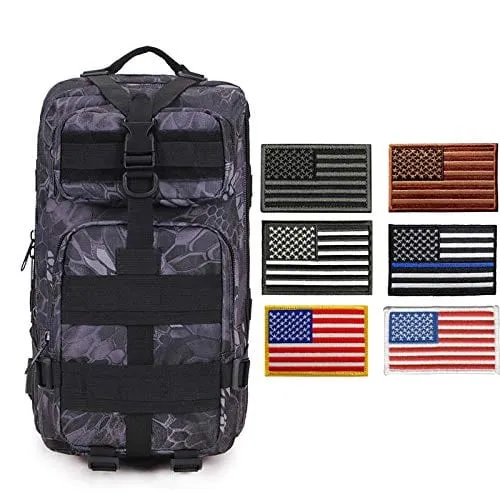 ASA Techmed Tactical Backpack with Waterproof Pouch   6 Embroidered U.S. Flag Patches for Outdoors, Travel