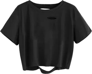 Avanova Women Distressed Loose Crop Top Oversized Short Sleeve Ripped Tee Shirt
